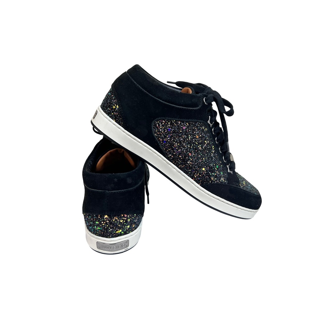 Jimmy Choo Miami Sneakers Womens 39 Black Excellent Rainbow Coarse Glitter Suede